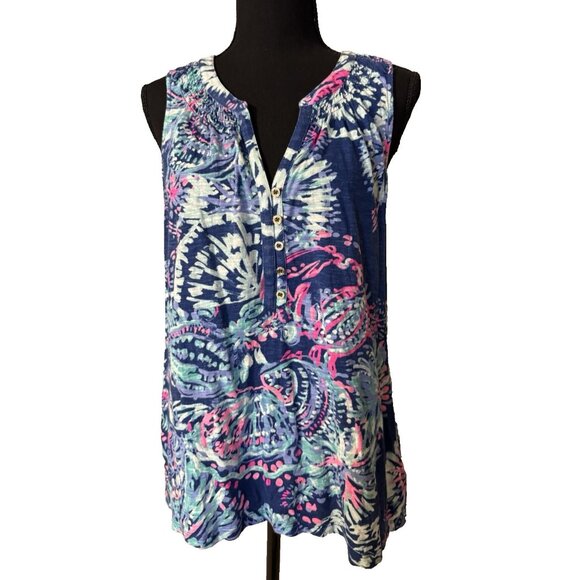 Lilly Pulitzer Top Large L Blue Pink White Floral Sleeveless Washable Cotton - Picture 1 of 9